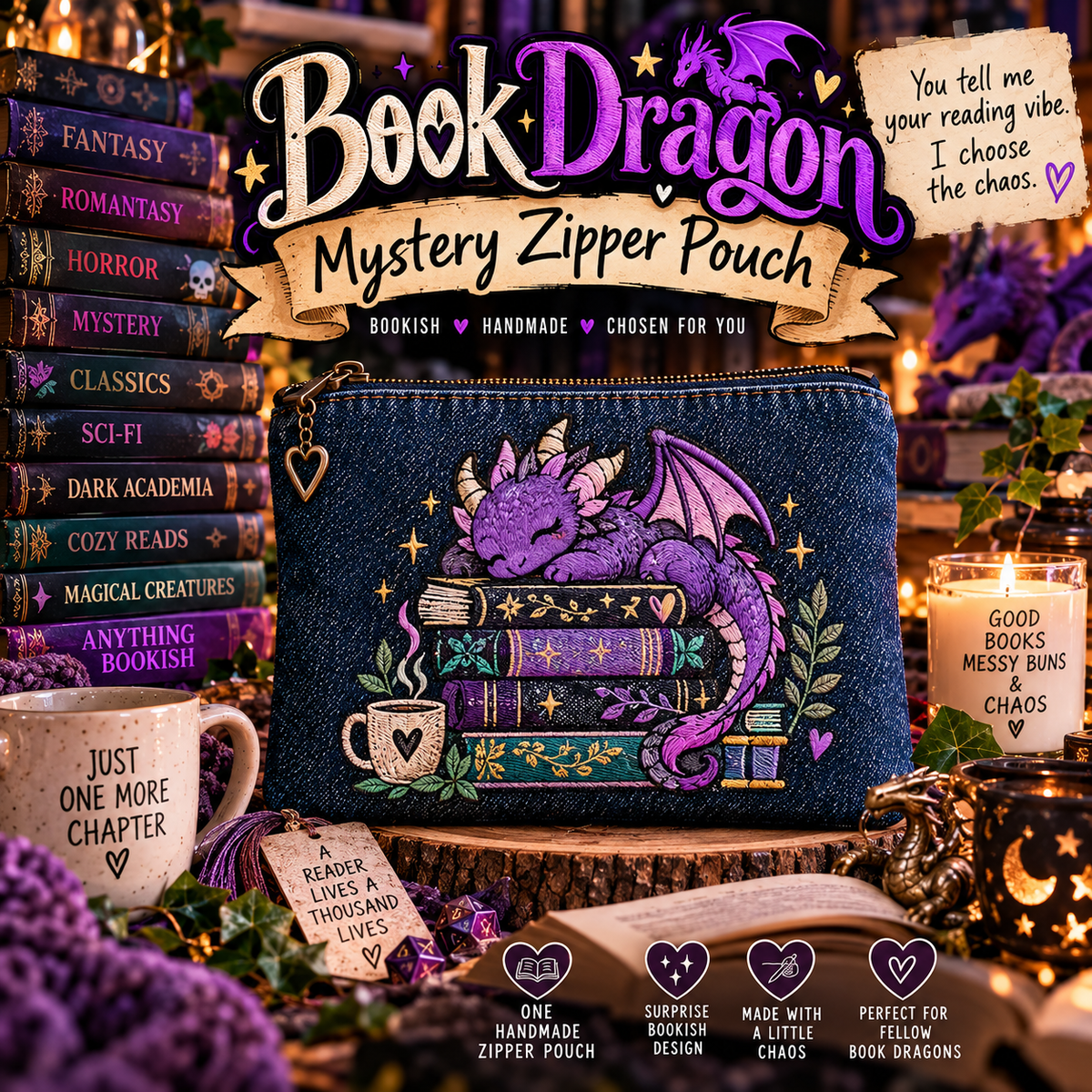 Book Dragon Mystery Zipper Pouch | Bookish Embroidered Denim Bag | Reader Surprise Gift | Cozy Reading Accessory