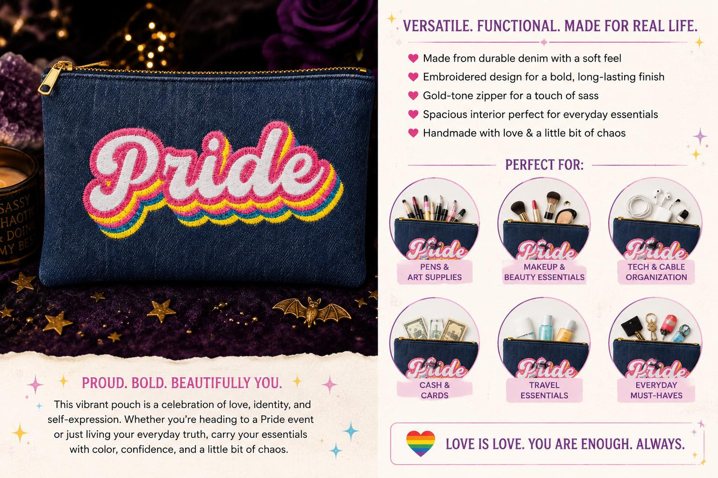 Embroidered Denim Pride Pouch | LGBTQ+ Handmade Cosmetic Travel Bag