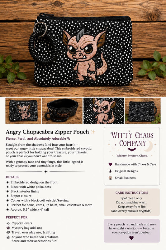 Angry Chupacabra Embroidered Wristlet Pouch | Handmade Cryptid Coin Bag