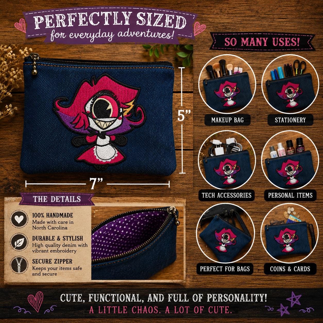 Embroidered Denim Zipper Pouch | Maid Character Organizer Bag