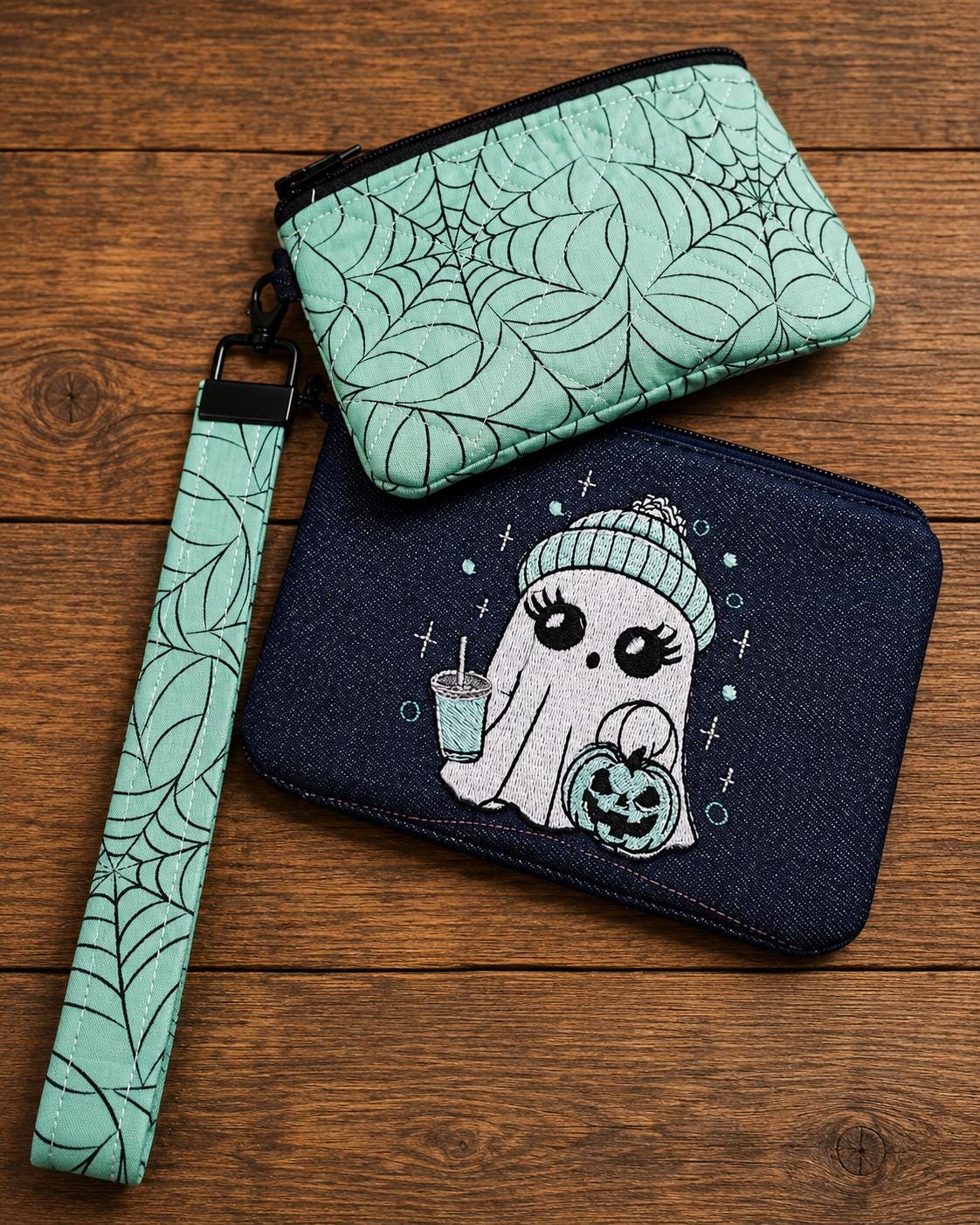 Handmade Ghost Purse Set: Embroidered Pumpkin, Coffee, Beanie (Halloween Gift)