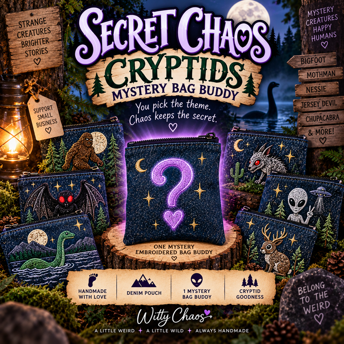 Secret Chaos – Cryptid Mystery Bag Buddy | 1 Surprise Embroidered Denim Pouch | Bigfoot Mothman Nessie Cryptid Gift