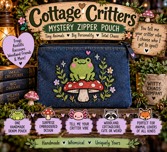 Cottage Critters Mystery Zipper Pouch | Frog Axolotl Raccoon & Woodland Animals | Handmade Denim Surprise Bag