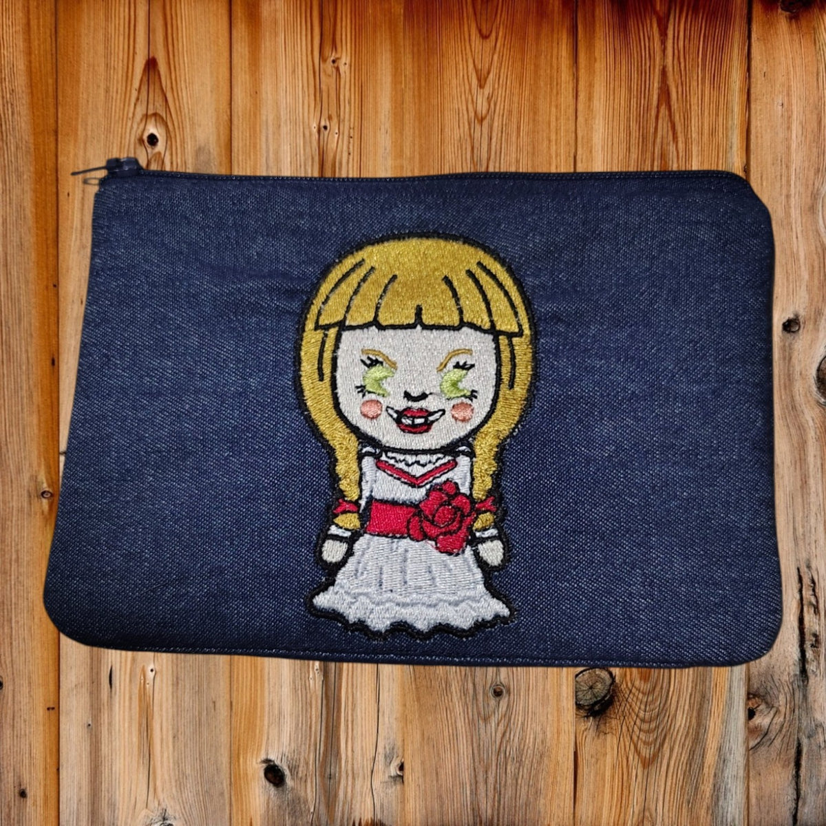 Haunted Doll Zipper Pouch Set | Creepy Gothic Denim Cosmetic Bag