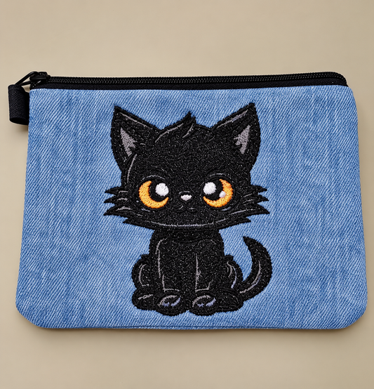 Cute Black Cat Embroidered Denim Bag Buddy