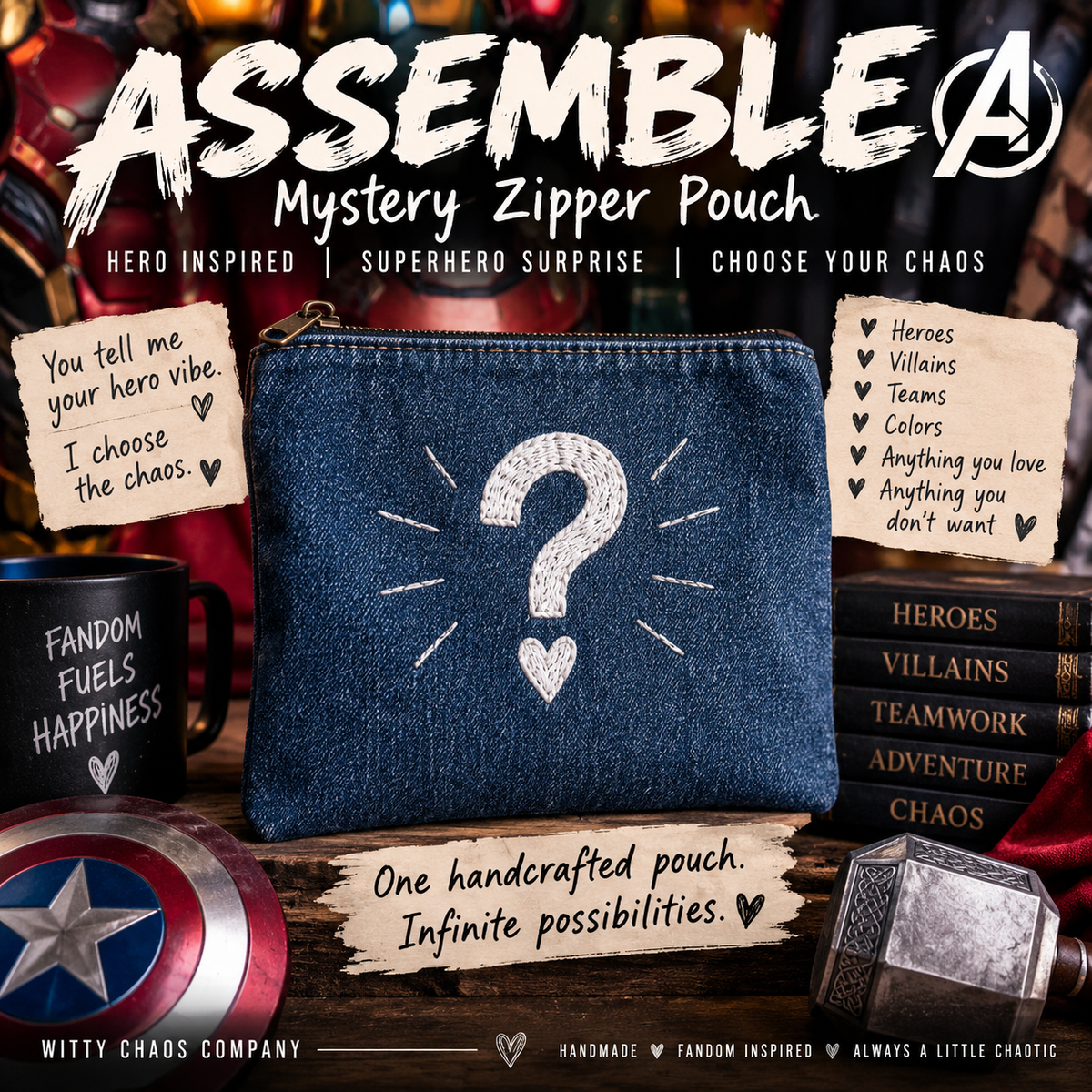 Assemble Mystery Zipper Pouch | Hero Inspired Embroidered Denim Bag | Superhero Surprise Gift | Choose Your Chaos