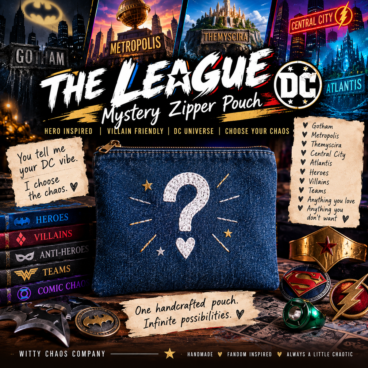 The League Mystery Zipper Pouch | Hero Inspired Embroidered Denim Bag | Superhero Surprise Gift