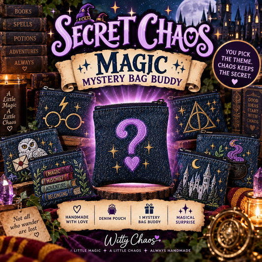 Secret Chaos – Magic Mystery Bag Buddy | 1 Surprise Embroidered Denim Pouch | Wizard Inspired Gift | Magical Fantasy Gift