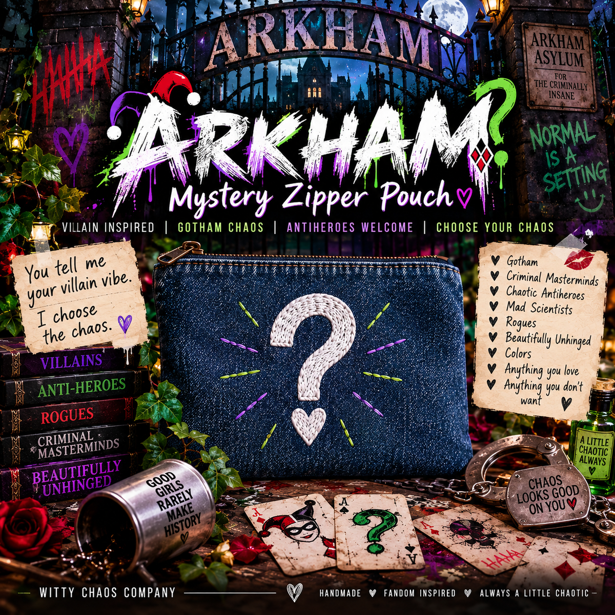 Arkham Mystery Zipper Pouch | Villain Inspired Embroidered Denim Bag | Gotham Chaos Surprise Gift | Choose Your Villain