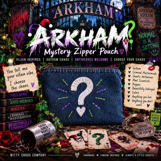 Arkham Mystery Zipper Pouch | Villain Inspired Embroidered Denim Bag | Gotham Chaos Surprise Gift | Choose Your Villain