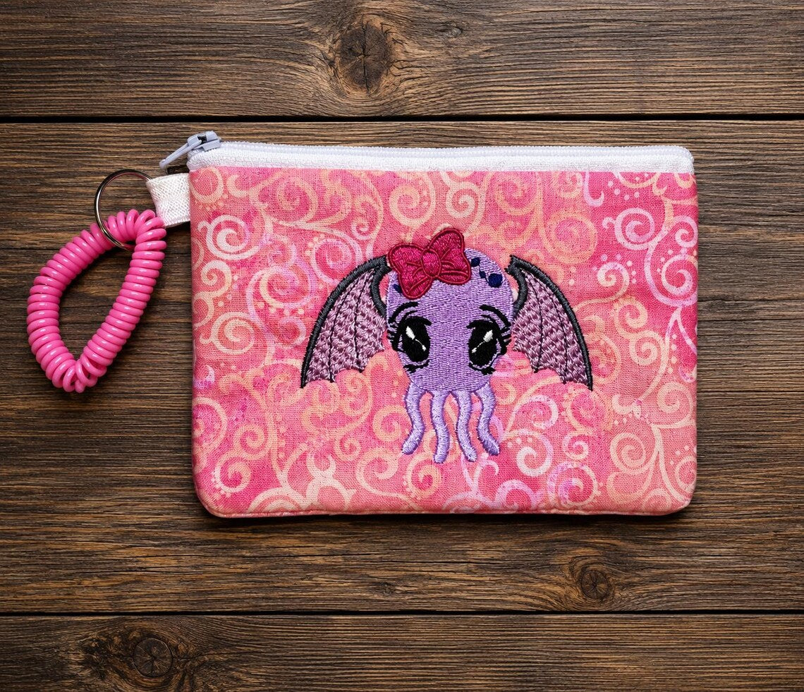 Baby Cthulhu Wristlet Pouch | Embroidered Cryptid Coin Purse, Cosmic Horror Zipper Bag