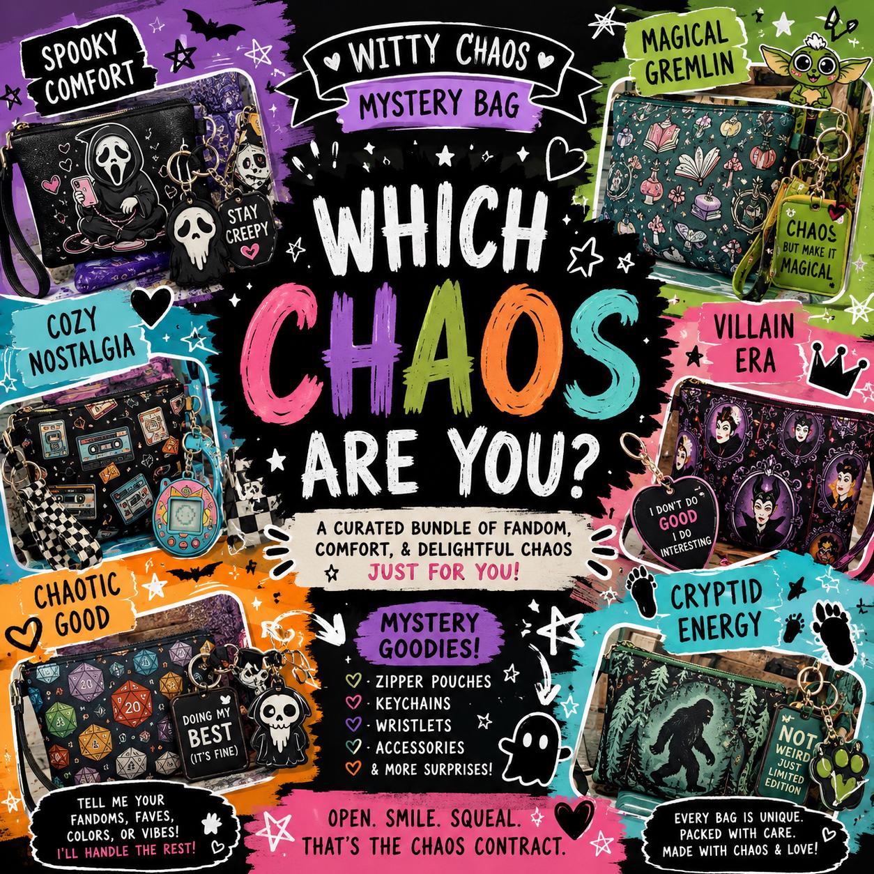 Comfort Character Chaos Mystery Bag | Fandom Inspired Surprise Bundle | Curated Geeky Accessories & Pouches