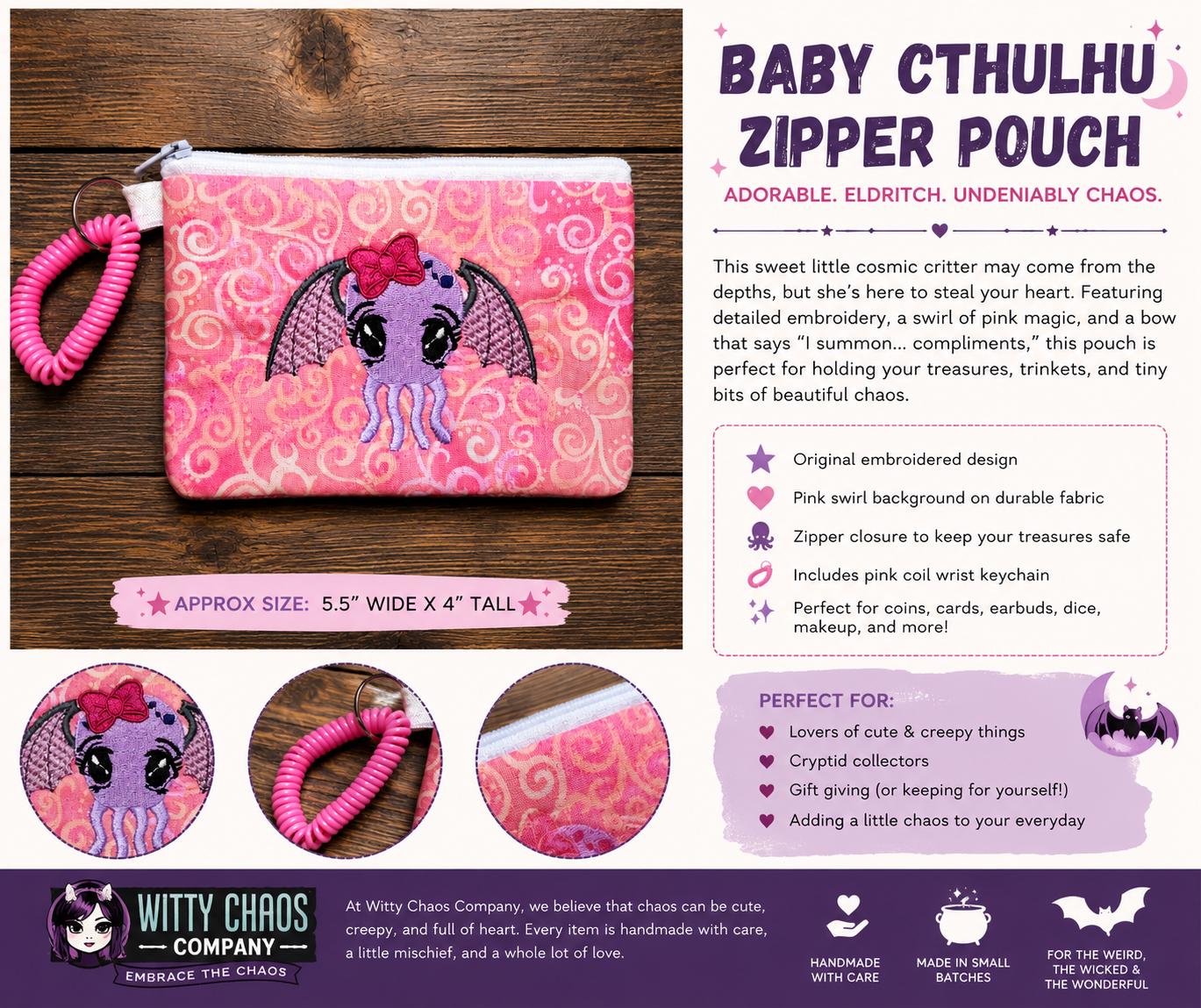 Baby Cthulhu Wristlet Pouch | Embroidered Cryptid Coin Purse, Cosmic Horror Zipper Bag