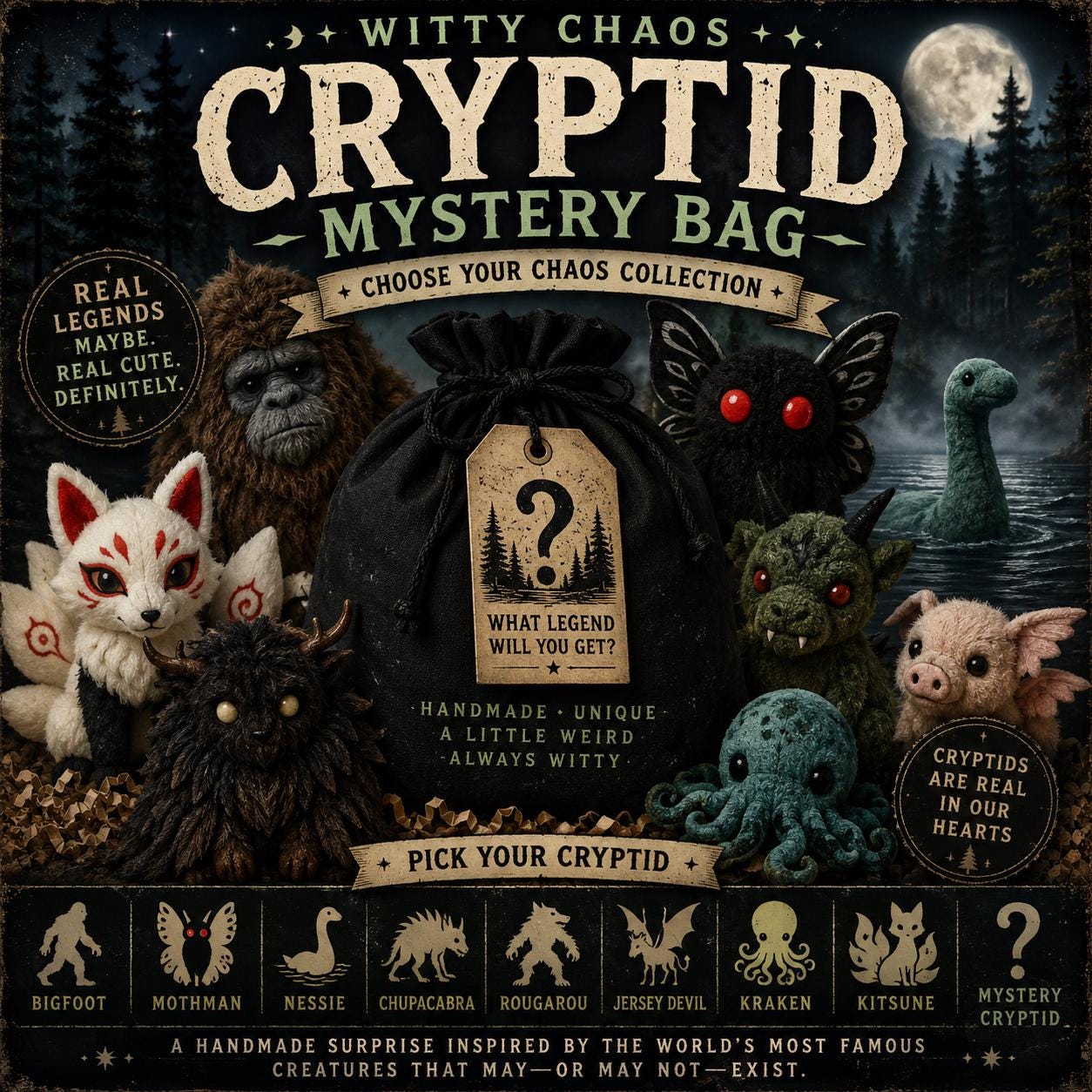 Cryptid Mystery Bag | Choose Your Chaos Collection | Bigfoot, Mothman, Nessie & More