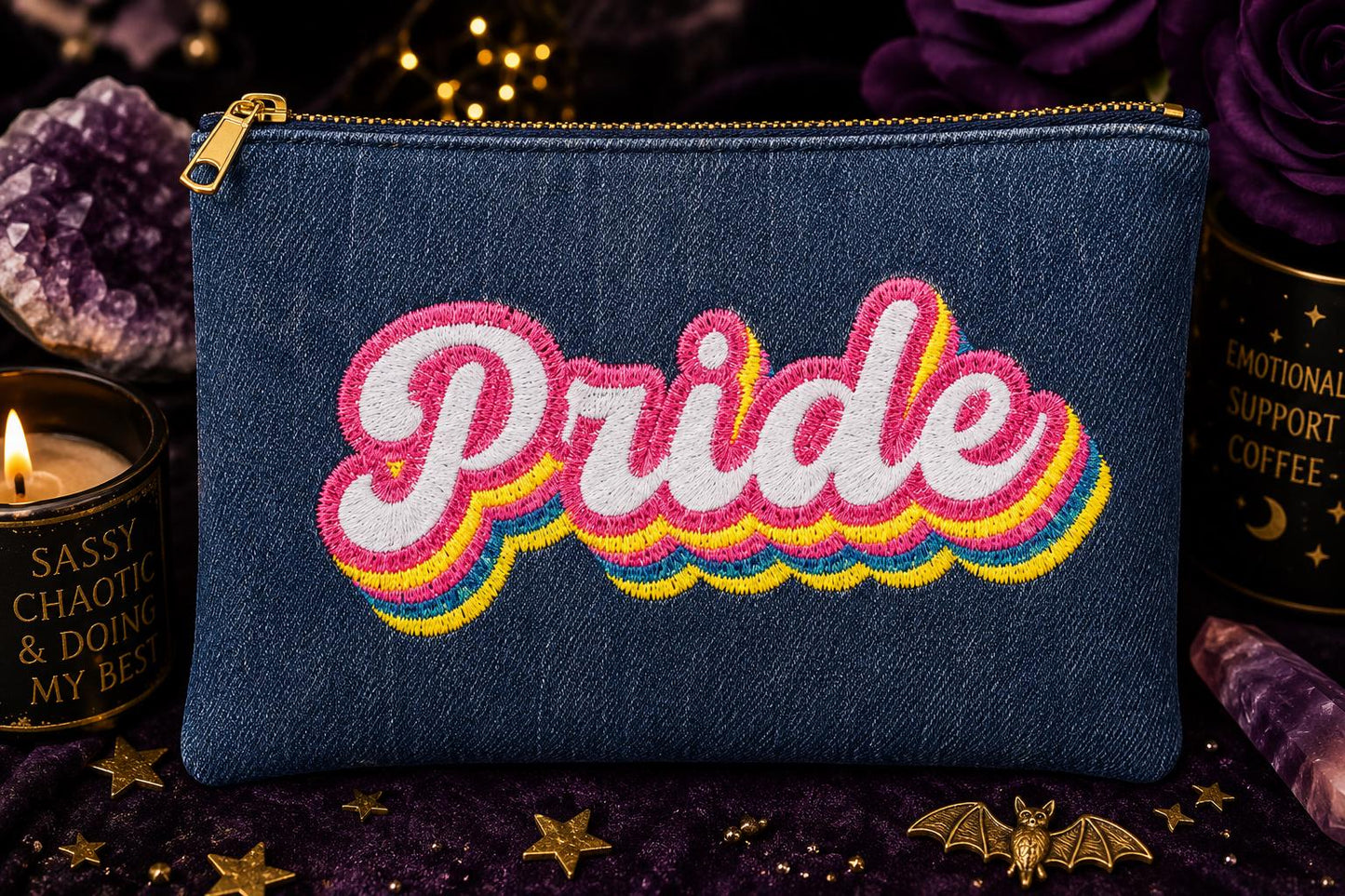 Embroidered Denim Pride Pouch | LGBTQ+ Handmade Cosmetic Travel Bag
