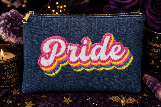 Embroidered Denim Pride Pouch | LGBTQ+ Handmade Cosmetic Travel Bag