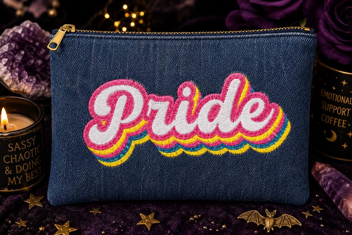 Embroidered Denim Pride Pouch | LGBTQ+ Handmade Cosmetic Travel Bag