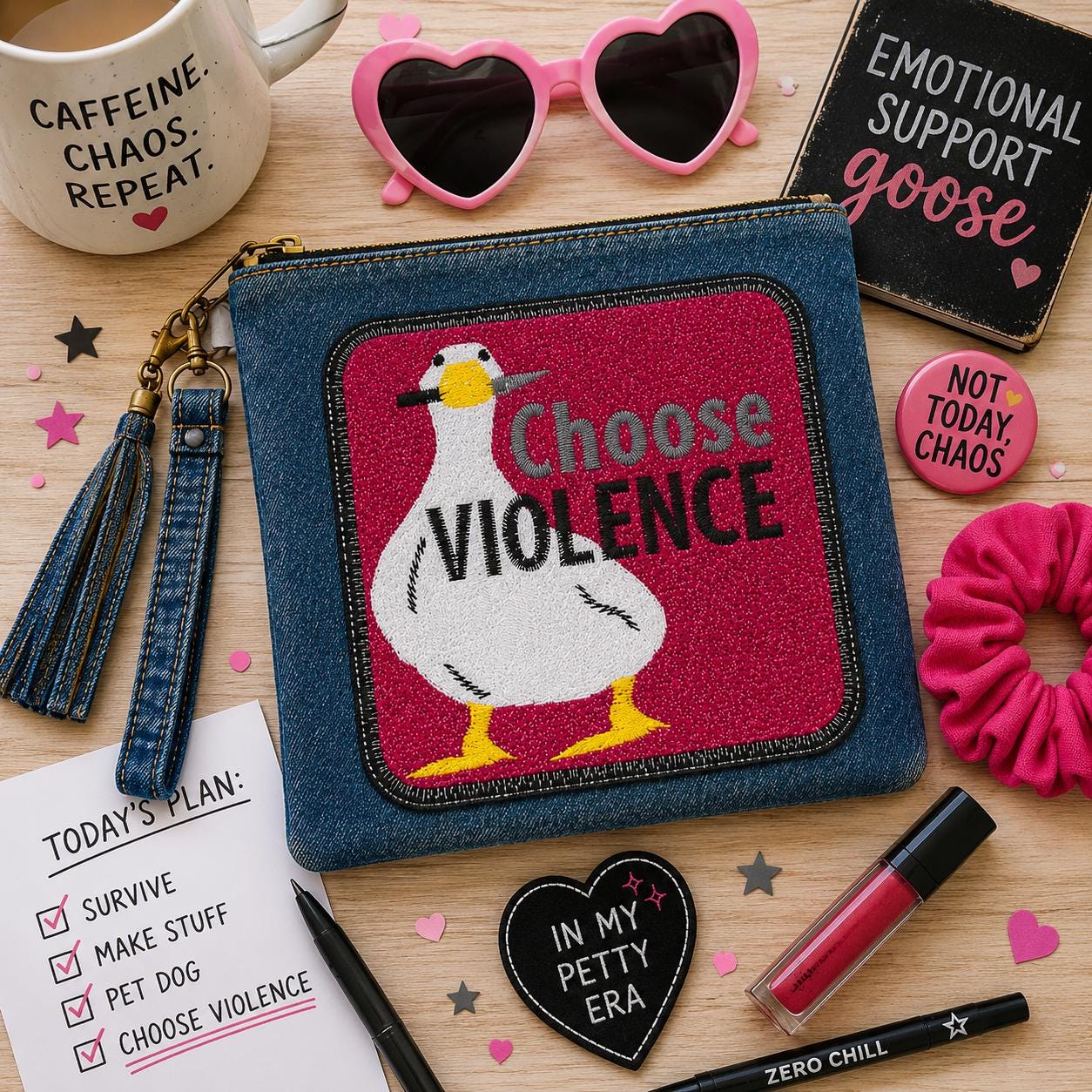 Choose Violence Embroidered Denim Zipper Pouch