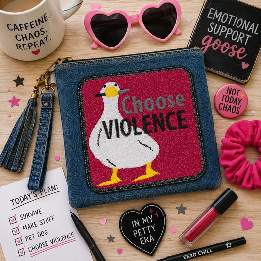 Choose Violence Embroidered Denim Zipper Pouch