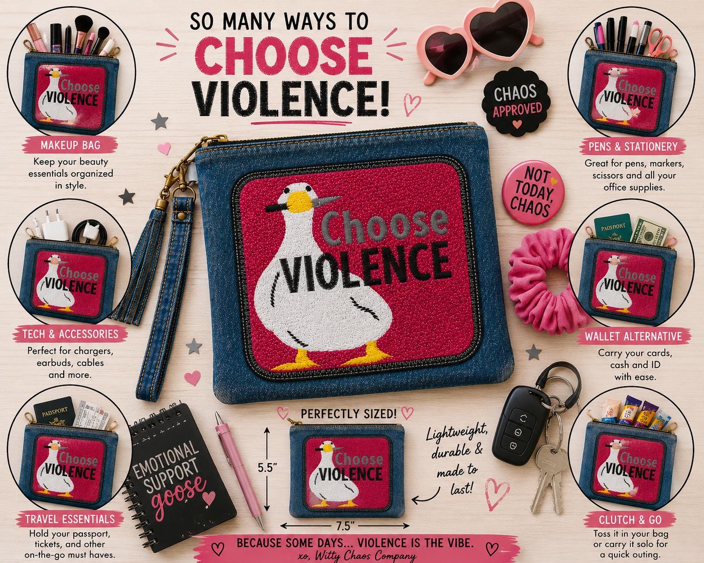 Choose Violence Embroidered Denim Zipper Pouch
