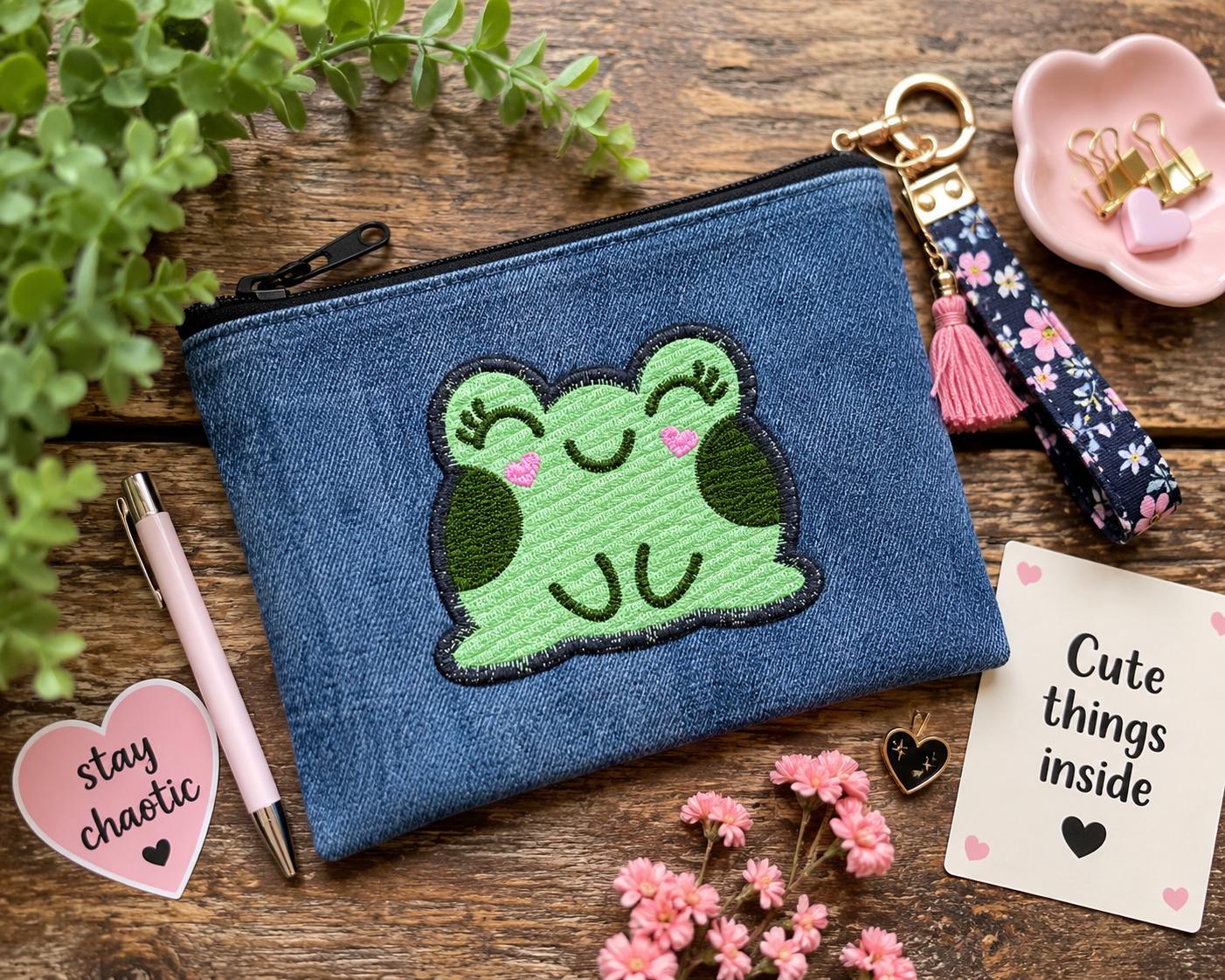 Chonky Frog Denim Zipper Pouch | Embroidered Cosmetic Bag, Pencil Case