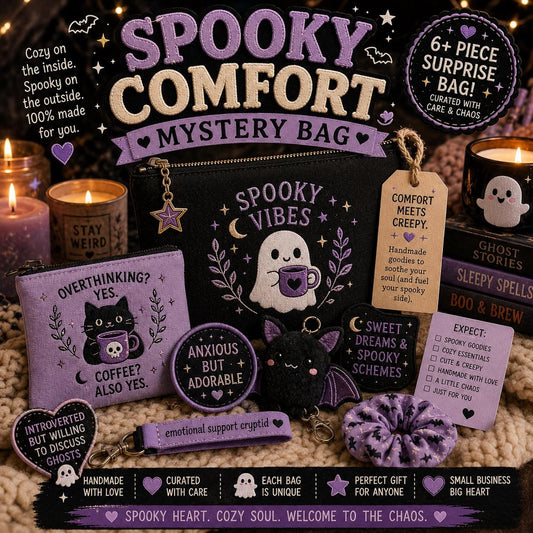 Spooky Comfort Mystery Bag | 6 Handmade Embroidered Surprises, Cozy Halloween Accessories