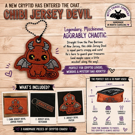 Chibi Jersey Devil Zipper Pouch | Embroidered Cryptid Bag, Handmade North Carolina Accessory
