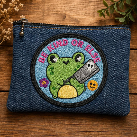 Frog Zipper Pouch | Grumpy Embroidered Denim Bag, Cottagecore Organizer