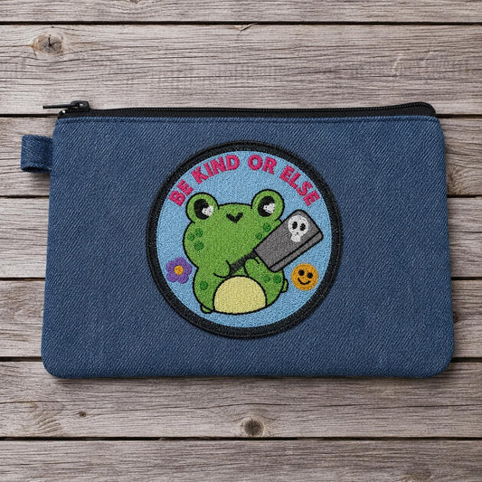 Frog Pouch | Embroidered "Be Kind Or Else" Denim Zipper Bag, Cottagecore Gift