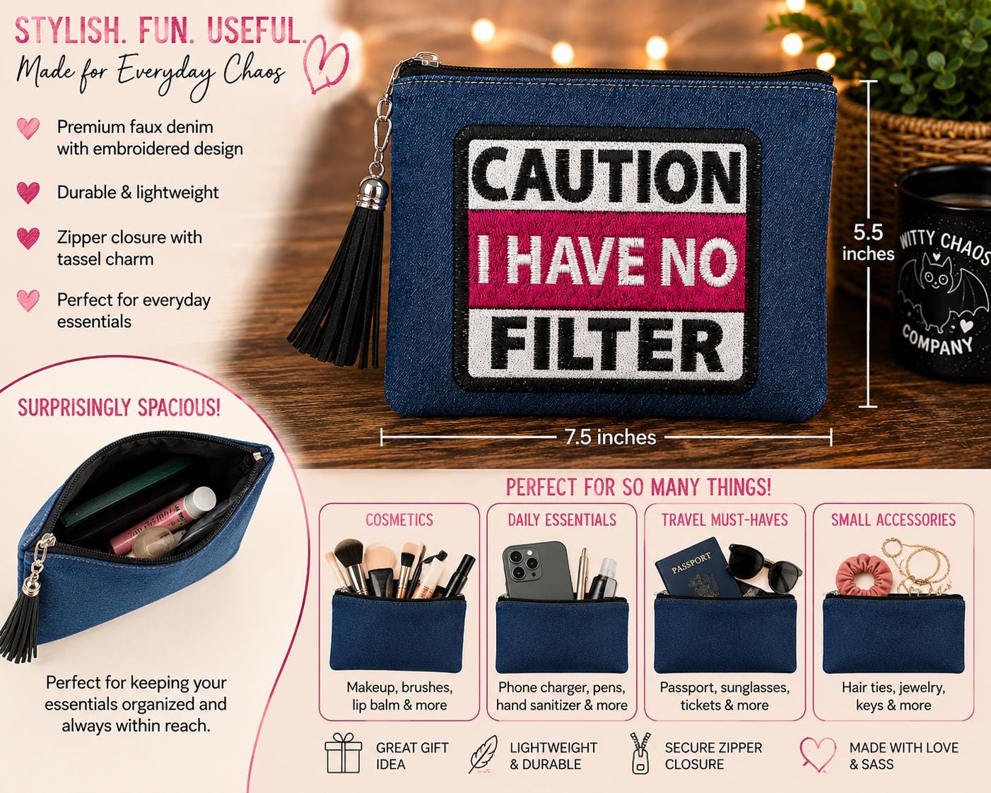 Caution I Have No Filter Zipper Pouch