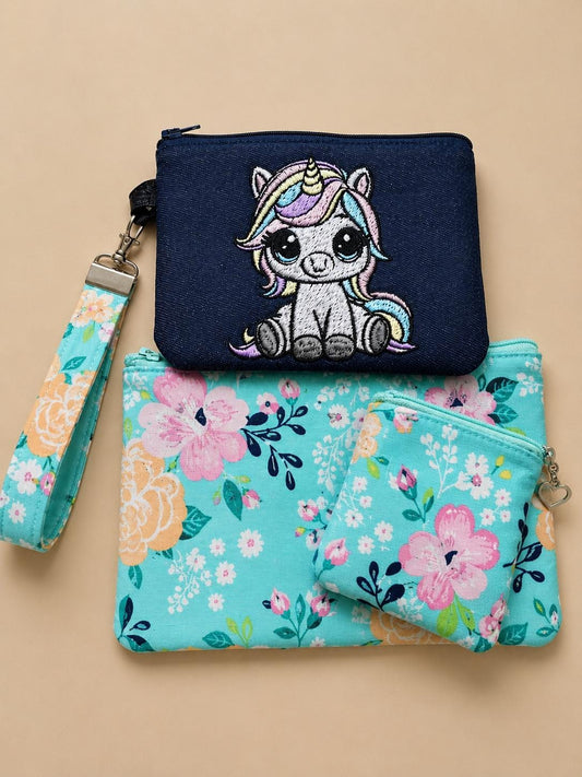 ream Unicorn Gift Set | Handmade Unicorn Pouch, Wristlet & Coin Purse | Fantasy Gift Set | Whimsical Embroidered Accessories
