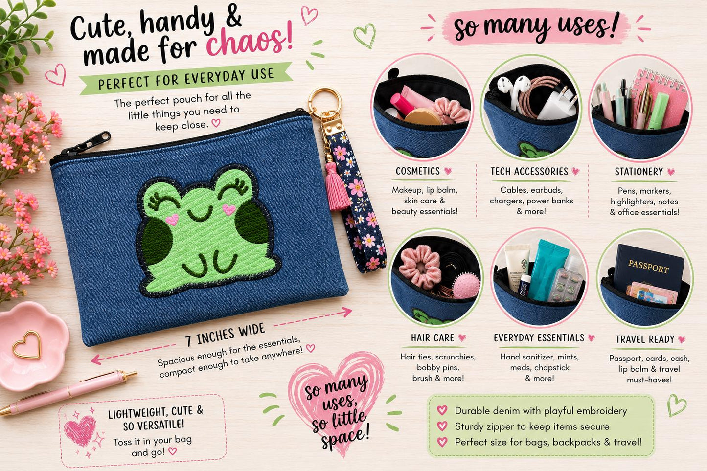 Chonky Frog Denim Zipper Pouch | Embroidered Cosmetic Bag, Pencil Case
