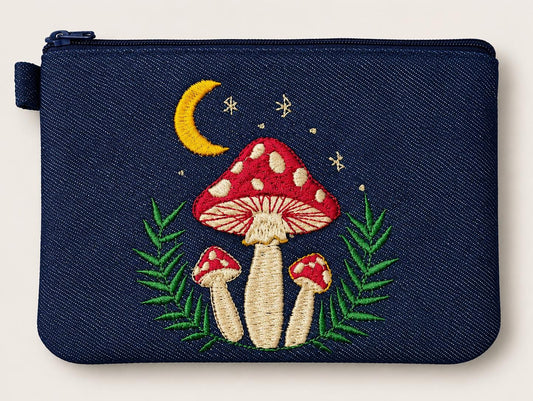 Moonlit Mushroom Denim Pouch | Cottagecore Zipper Pouch | Woodland Gift | Fairy Forest Accessory | Handmade Embroidered Bag