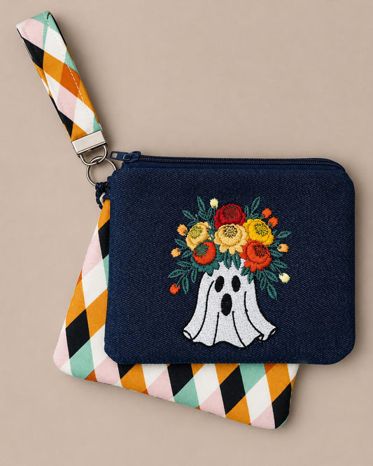 Ghost Garden Zipper Pouch | Embroidered Ghost Bag | Floral Ghost Wristlet | Cute Spooky Gift | Cottagecore | Fall Accessory | Cosmetic Bag