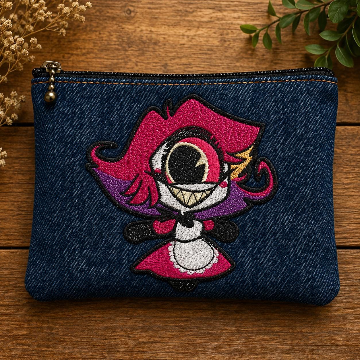 Embroidered Denim Zipper Pouch | Maid Character Organizer Bag
