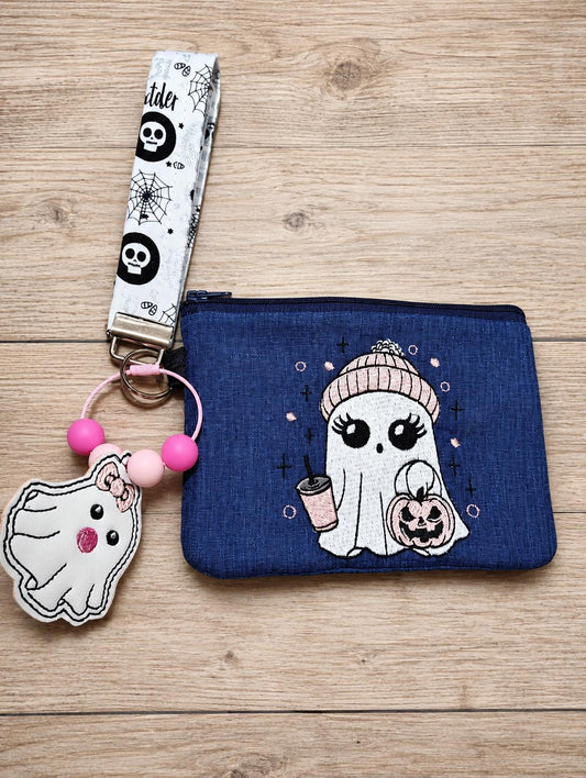 Embroidered Ghost Zipper Pouch Set | Halloween Keychain, Coin Purse, Spooky Bag Accessories