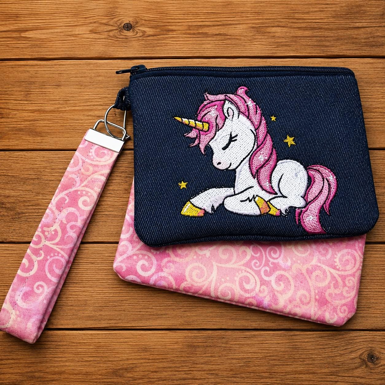 Sleepy Unicorn Embroidered Wristlet | Handmade Denim Zipper Pouch | Whimsical Unicorn Gift | Cozy Fantasy Accessory | Handmade in NC