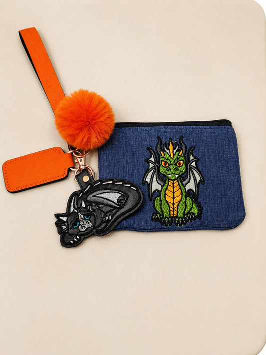 Embroidered Dragon Zipper Pouch | Denim-Look Fantasy Bag with Wristlet, Pom Charm