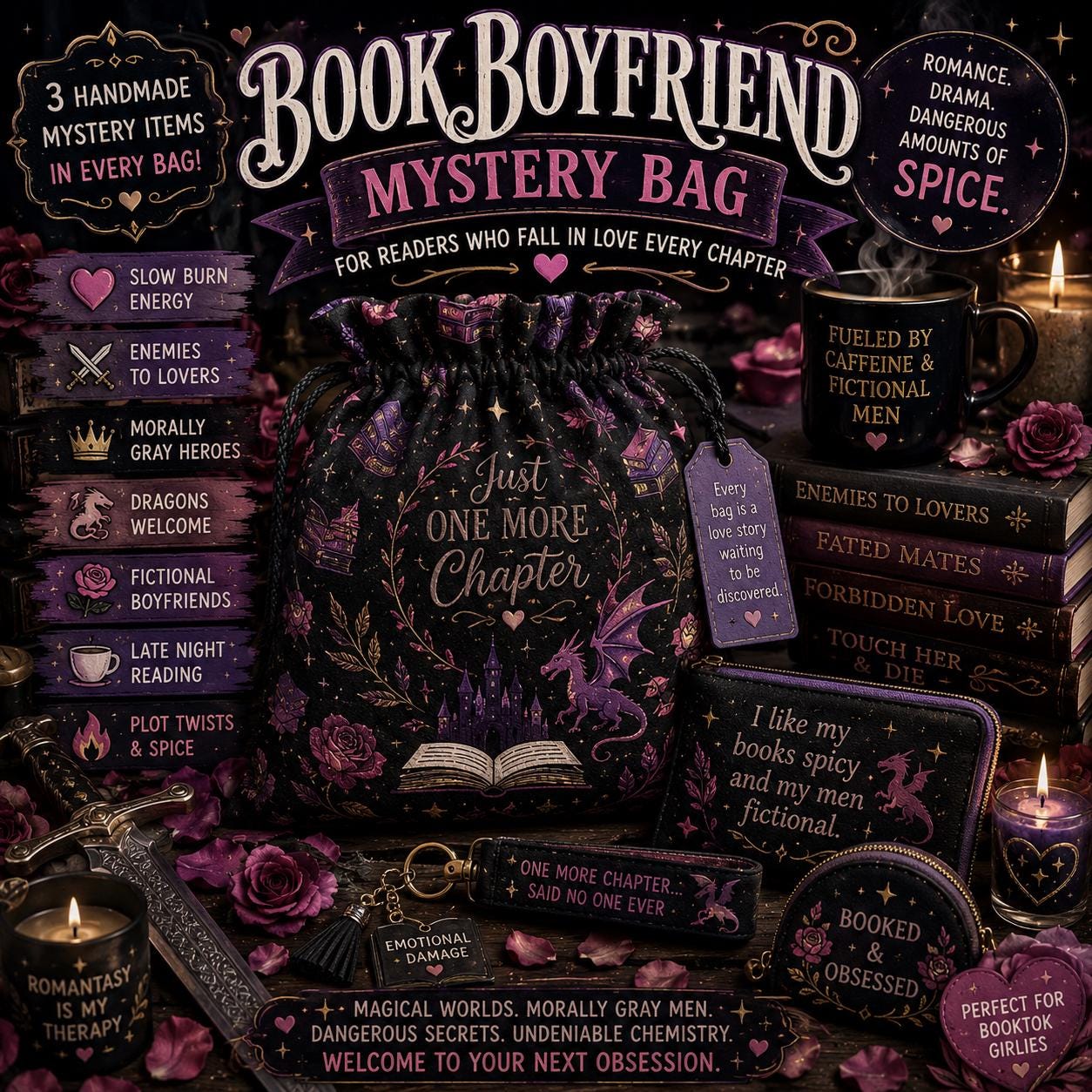 Book Boyfriend Mystery Bag | Romantasy Inspired Mystery Bundle | Handmade Reader Gift | Cozy Book Lover | Fictional Boyfriend Vibes