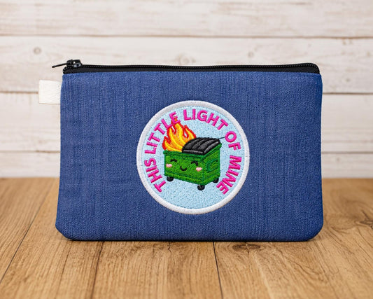 Funny Dumpster Fire Zipper Pouch | "This Little Light of Mine" Embroidered Bag | Chaotic Good Gift | Snarky Makeup Bag | Denim Coin Purse