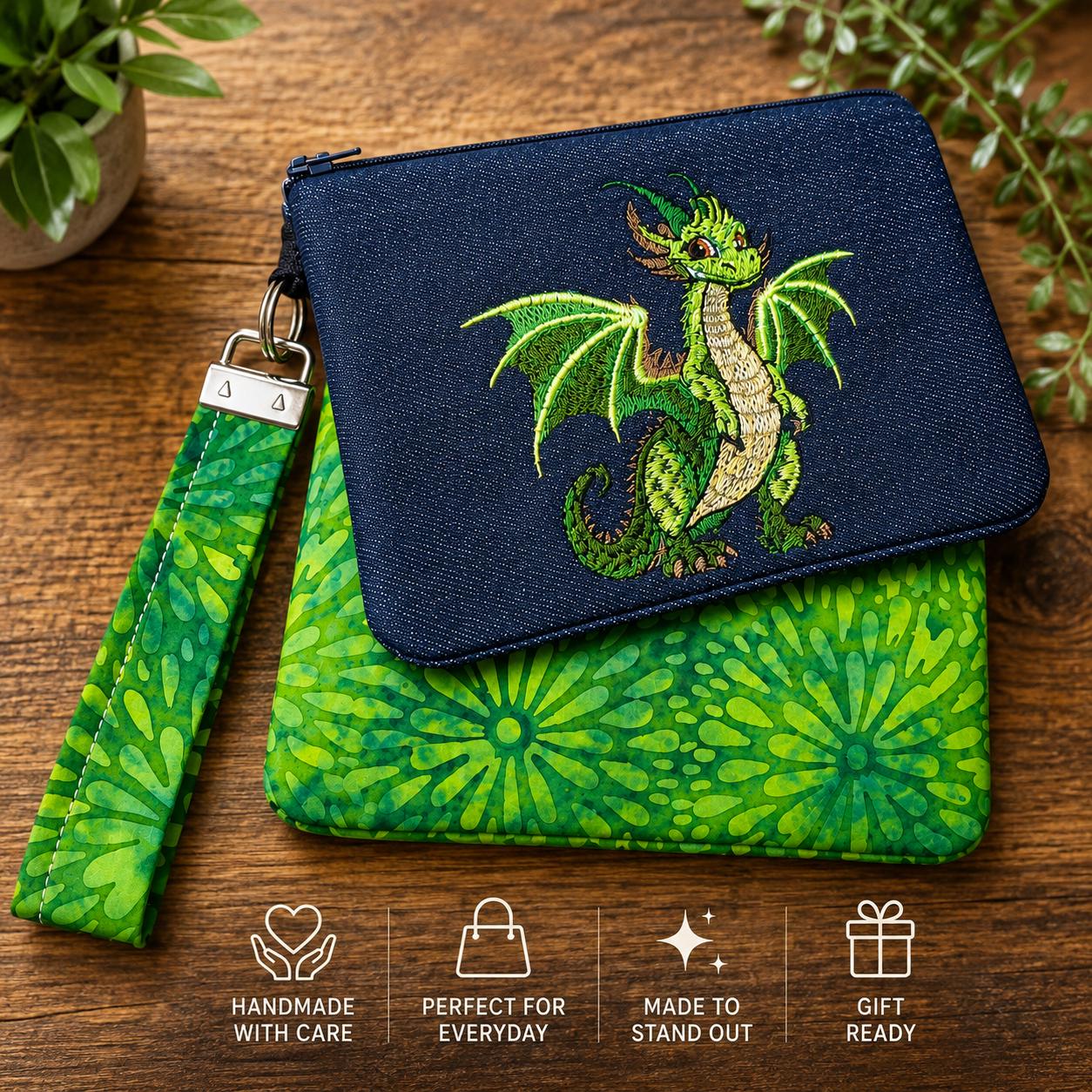 Forest Dragon Gift Set | Handmade Dragon Pouch, Wristlet & Coin Purse | Fantasy Gift for Dragon Lovers | Embroidered Dragon Accessories