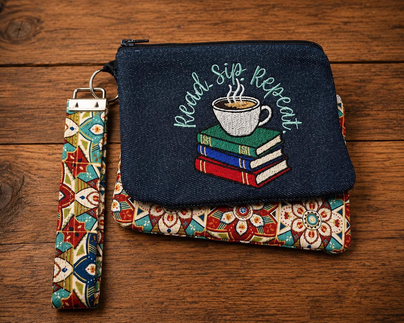 Read. Sip. Repeat. Book Lover Embroidered Denim Pouch Set | Reader Gift | Book Club Accessory | Coffee Lover Wristlet | Handmade Zipper Bag
