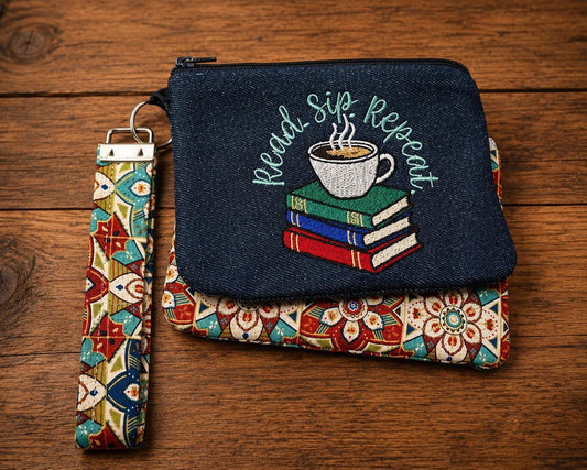 Read. Sip. Repeat. Book Lover Embroidered Denim Pouch Set | Reader Gift | Book Club Accessory | Coffee Lover Wristlet | Handmade Zipper Bag