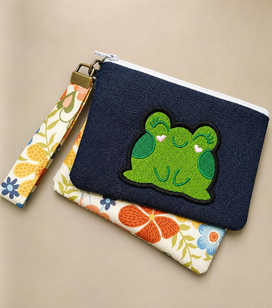 Chonky Frog Denim Zipper Pouch | Embroidered Cosmetic Bag, Pencil Case