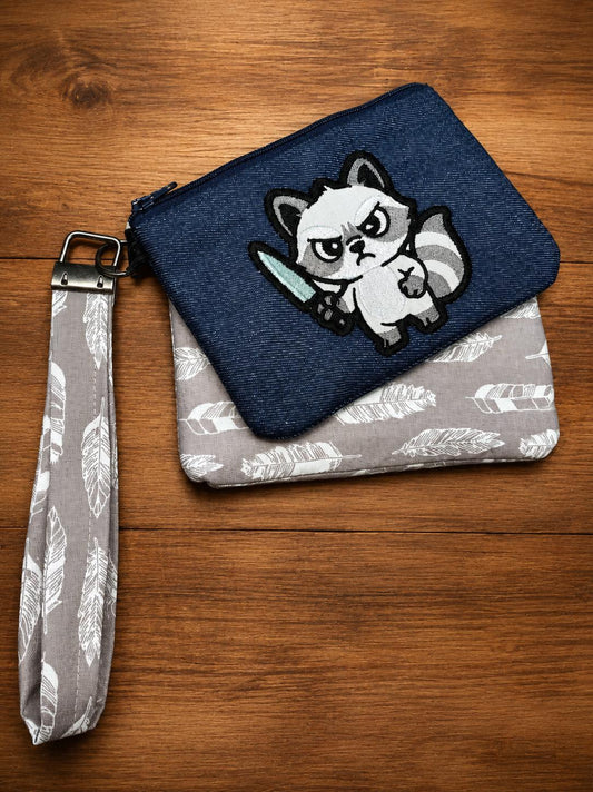 Angry Raccoon Embroidered Zipper Pouch Set | Funny Trash Panda Wristlet | Cute Woodland Gift | Handmade Accessory Bag | Coin Purse