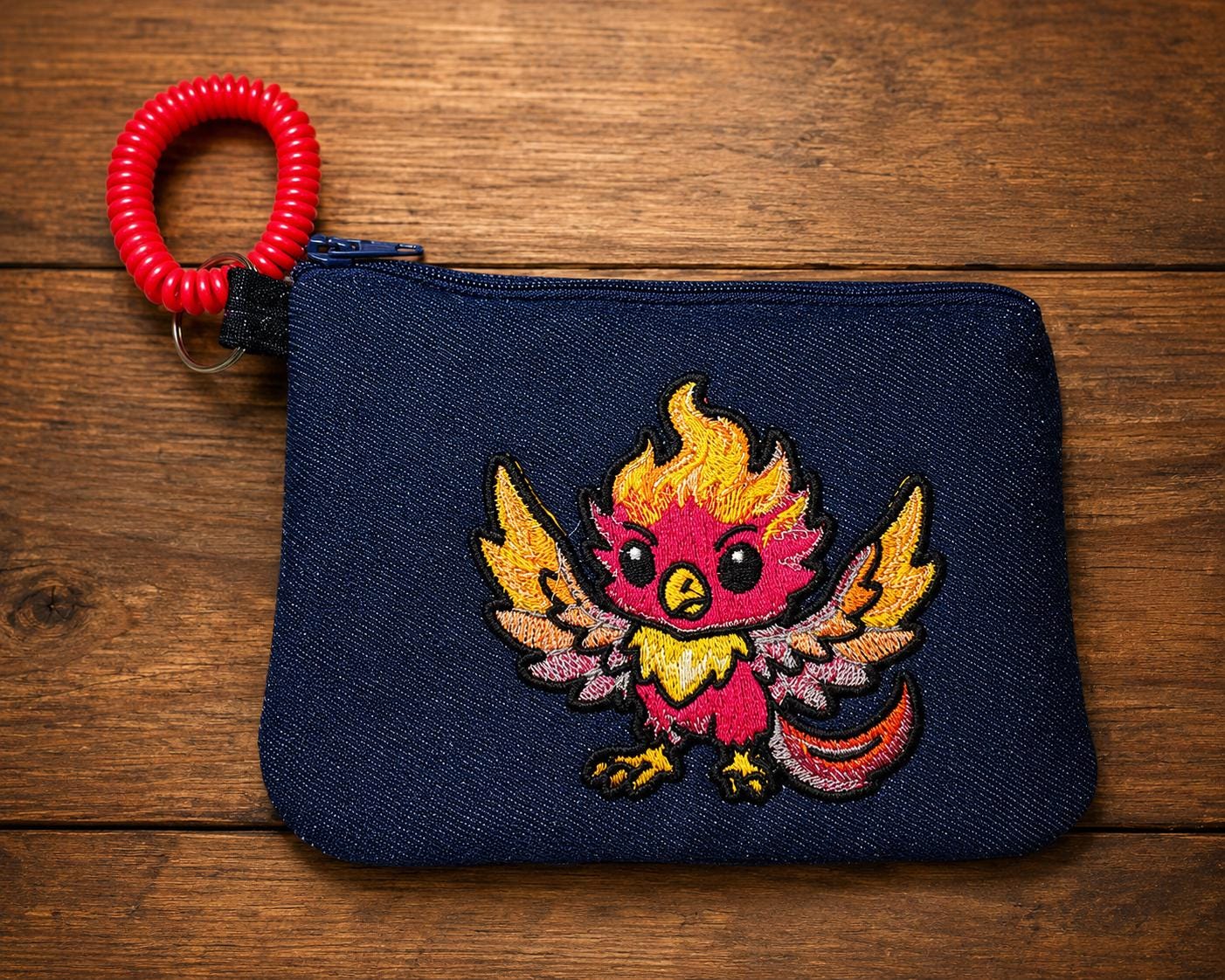 Cute Phoenix Coin Purse | Embroidered Firebird Zipper Pouch | Handmade Denim Coin Pouch | Fantasy Gift | Mythical Bird Accessory | Wristlet