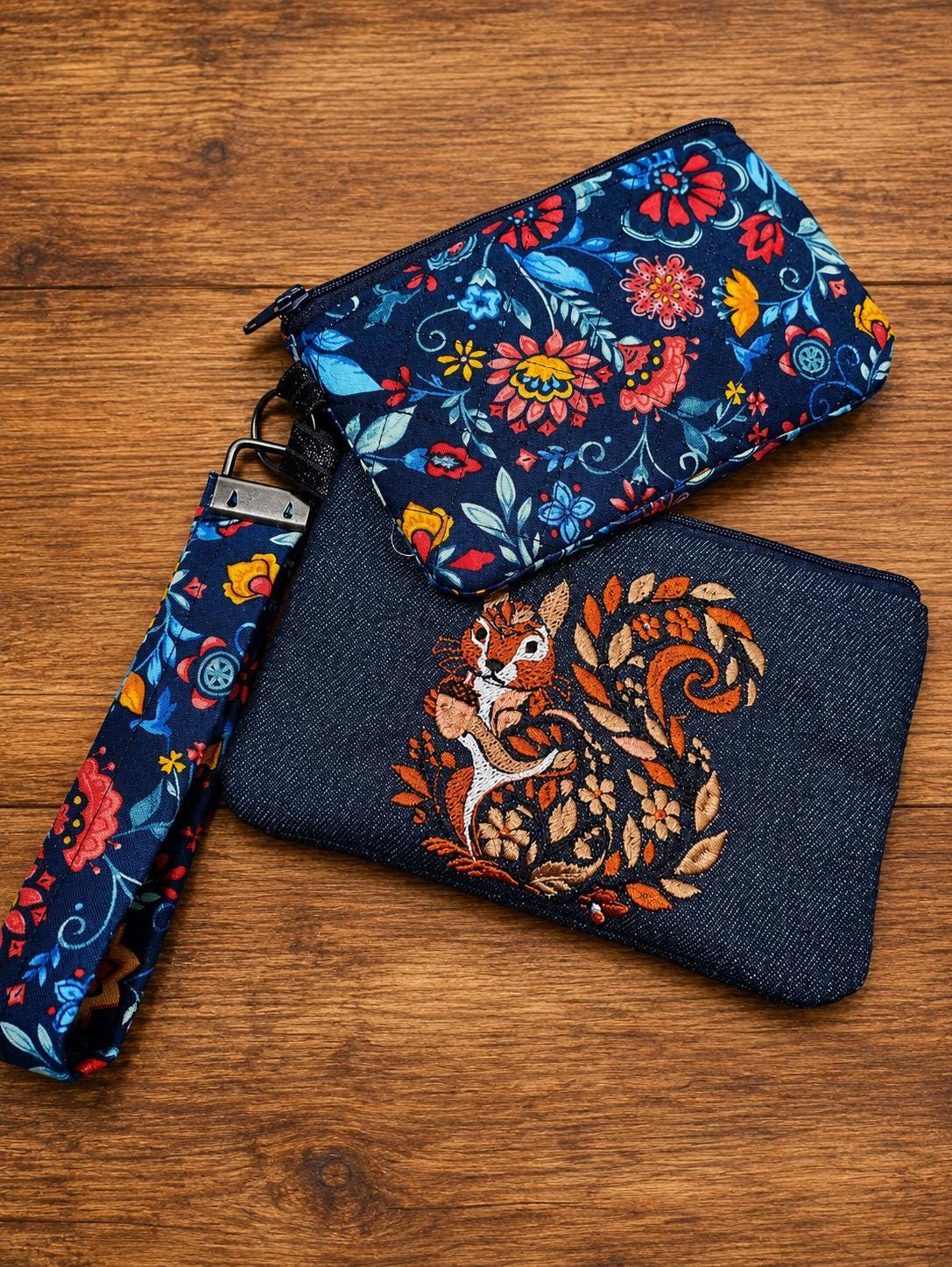 Embroidered Squirrel Zipper Pouch Set | Denim Wristlet, Cottagecore Accessory