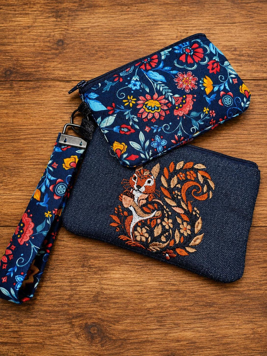 Embroidered Squirrel Zipper Pouch Set | Denim Wristlet, Cottagecore Accessory