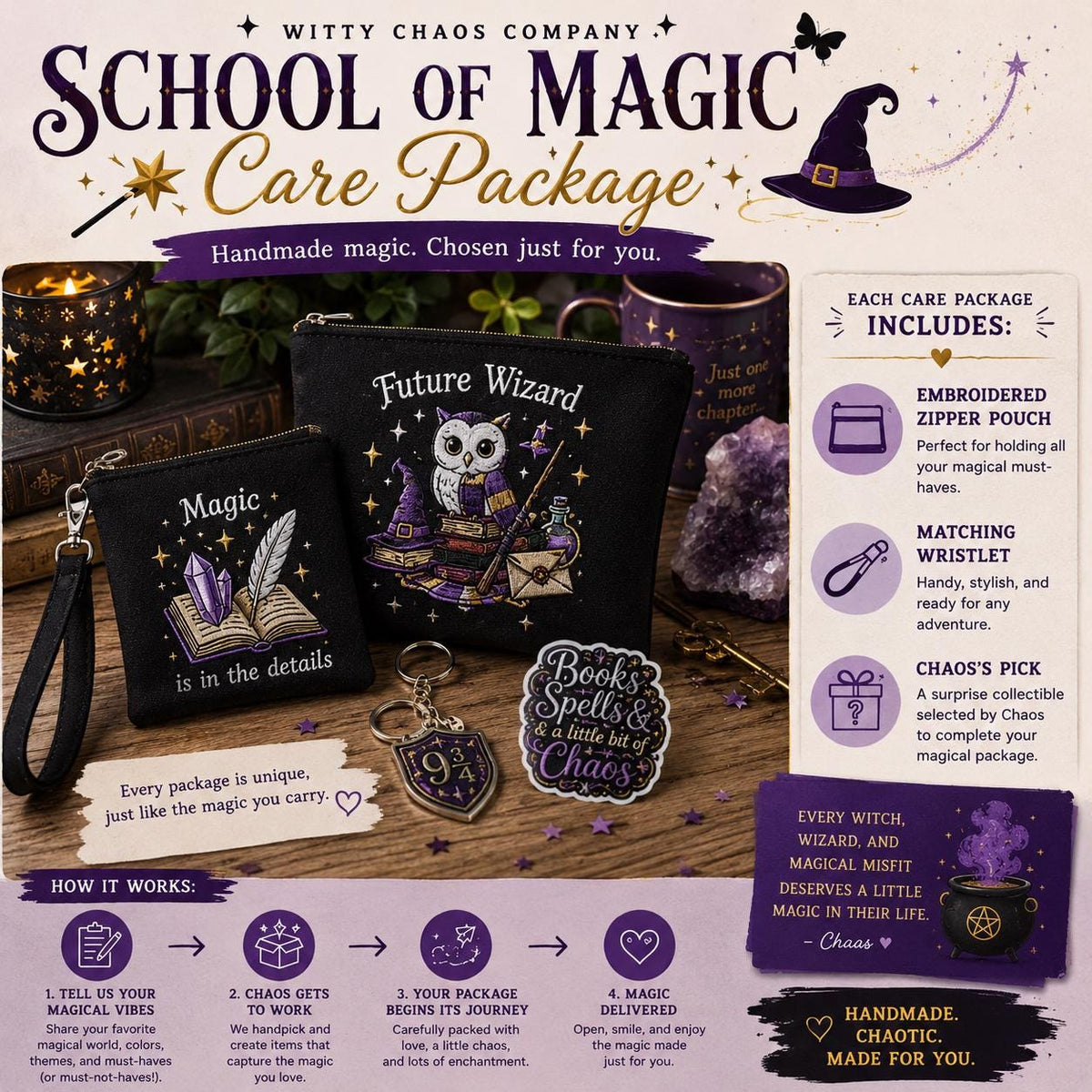 School of Magic Care Package | Handmade Wizard-Inspired Mystery Gift | Embroidered Pouch & Wristlet Set