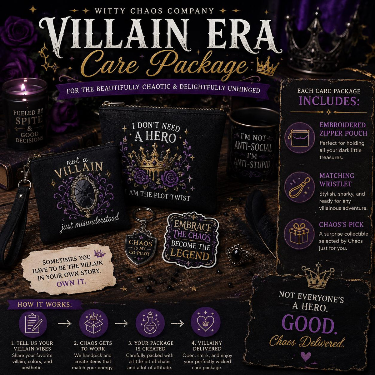 Villain Era Care Package | Handmade Embroidered Pouch, Wristlet, Mystery Collectible